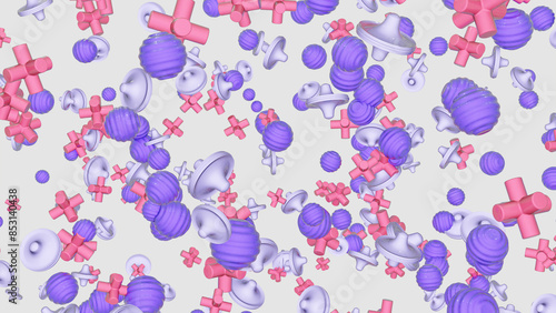 A horizontal composition filled with 3D-rendered basic shapes against a white background.