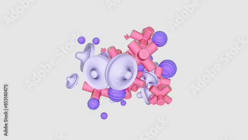 Basic 3D shapes in reddish-purple tones against a light background, coming together at the center of the image.