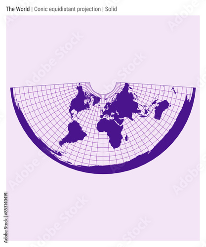 World Map. Conic equidistant projection. Solid style. High detail world map for infographics, education, reports, and presentations. Vector illustration.
