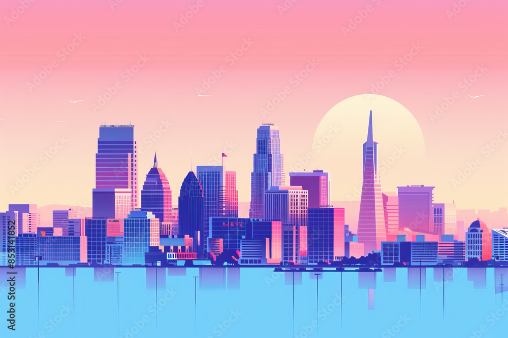 Obraz premium Risograph print travel poster illustration of Sacramento, modern, isolated, clear, simple. Artistic, stylistic, screen printing, stencil, stencilled, digital duplication. Banner, background, wallpaper