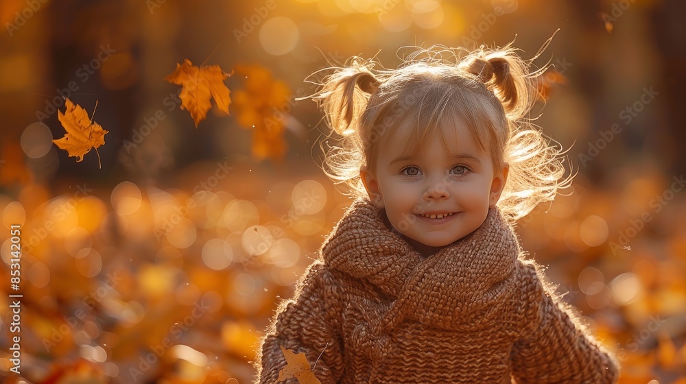 Pretty little girl resting in autumnal park, running and looking at camera. Pretty little girl resting in autumnal park, running and looking at camera.