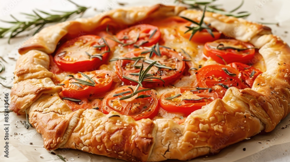 Flavorful galette featuring tomato rosemary and cheese Caprese galette on a white background Flavorful galette featuring tomato rosemary and cheese Caprese galette on a white background
