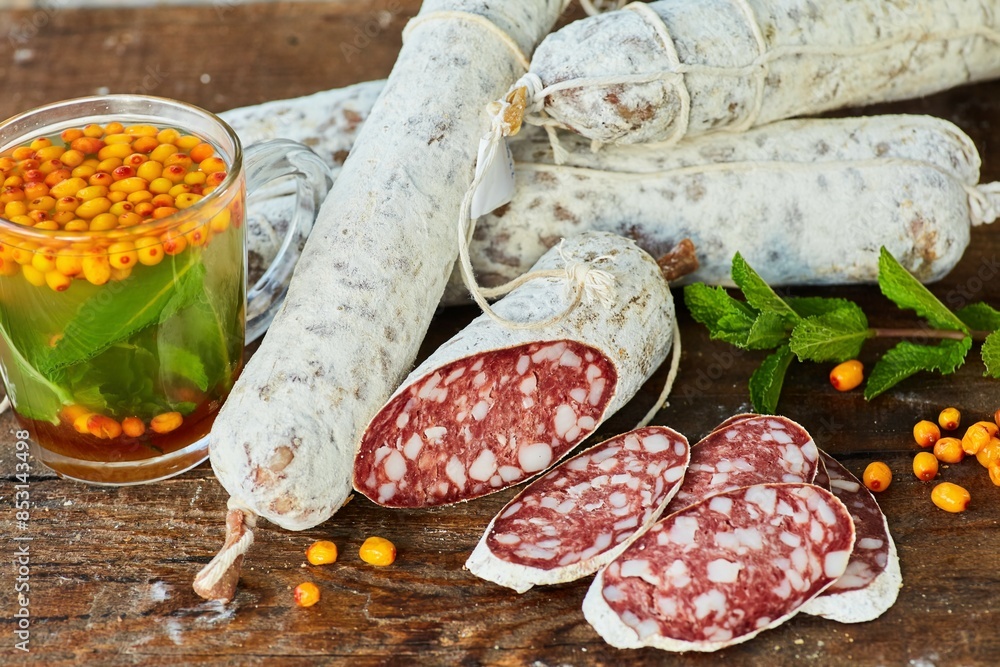 Smoked sausage with white mold on a wooden table. In the background is a cup of sea buckthorn tea. Meat production. Smoked sausage with white mold on a wooden table. In the background is a cup of sea buckthorn tea. Meat production.