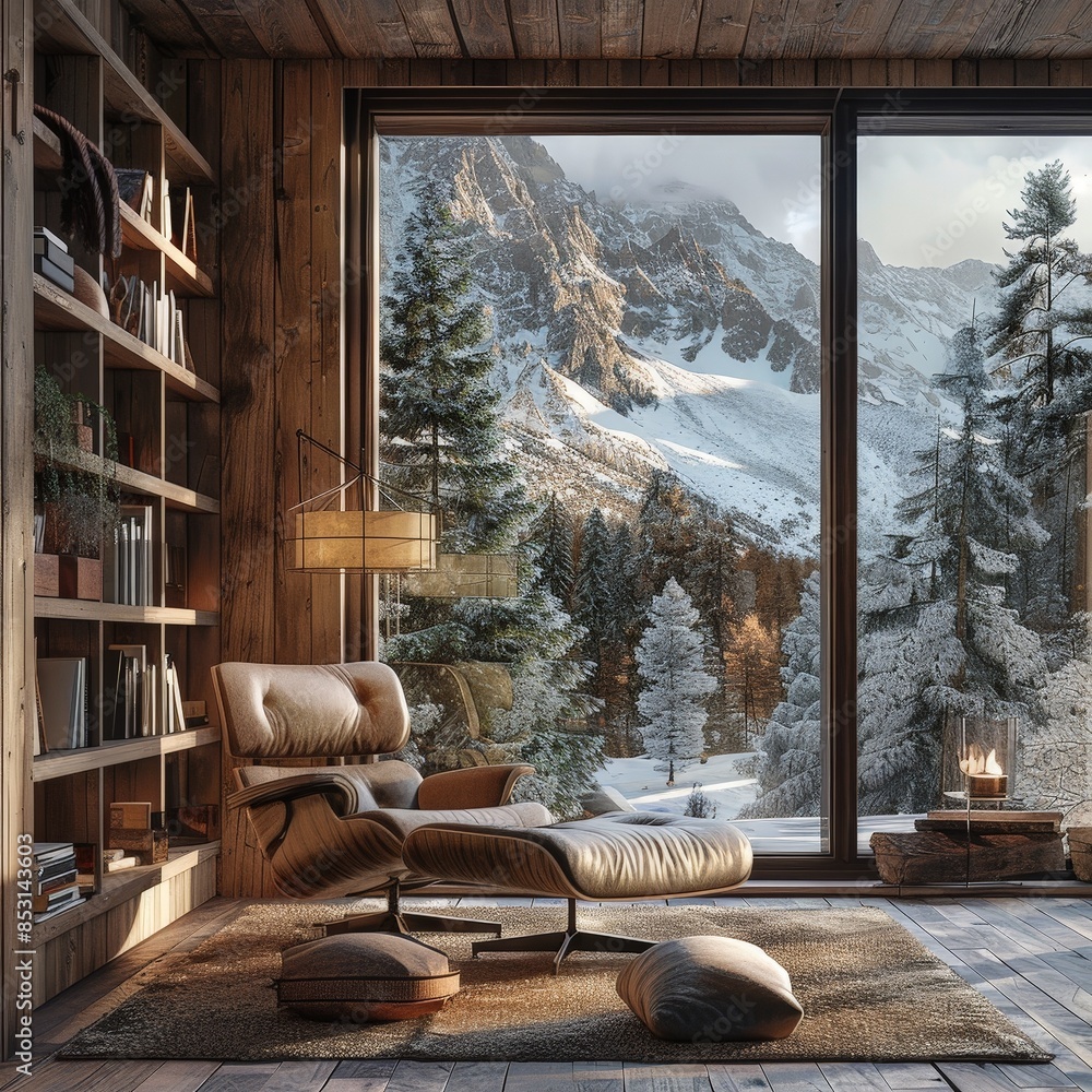 Cozy wooden cabin with modern furniture, large window showing a beautiful snow-covered mountain landscape. Perfect for a winter getaway. Cozy wooden cabin with modern furniture, large window showing a beautiful snow-covered mountain landscape. Perfect for a winter getaway.
