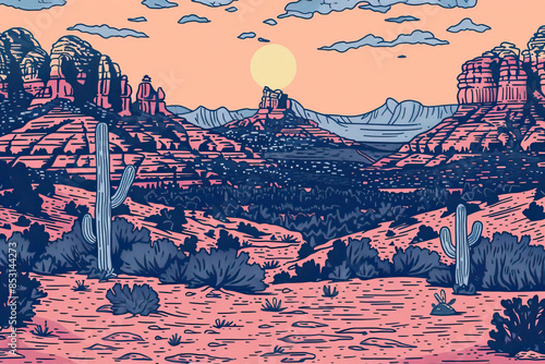 Risograph print travel poster illustration of Sedona, Arizona, modern, isolated, clear and simple. Artistic, stylistic, screen printing, stencil, stencilled, digital duplication	