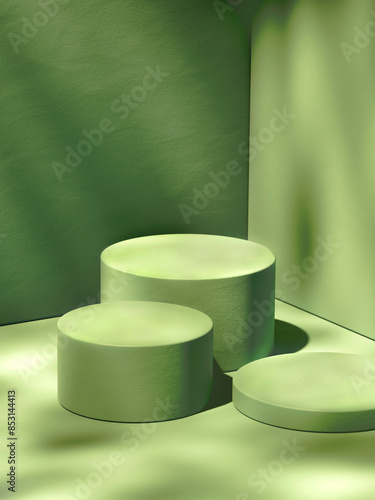 Group of three various cylindrical pedestals, green toned scene. 3d computer graphic template of displaying place for your products. Blank template.