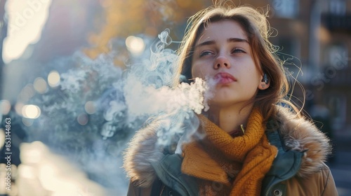 Woman in Pink Jacket Smoking Cigarette