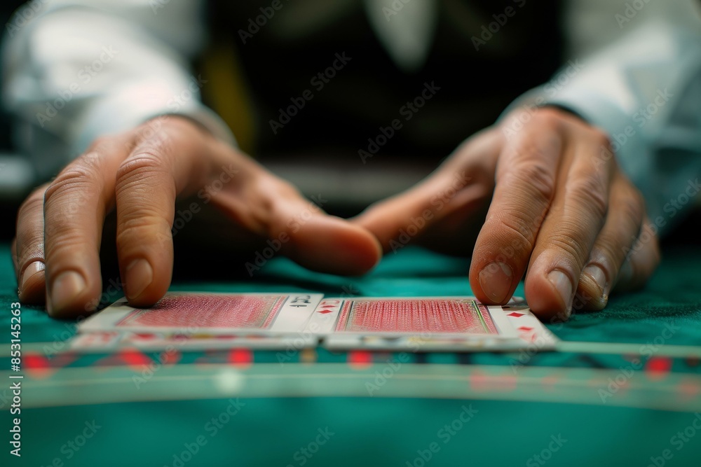 Casino dealer handling playing cards at green felt table close-up, gambling concept for commercial use Casino dealer handling playing cards at green felt table close-up, gambling concept for commercial use