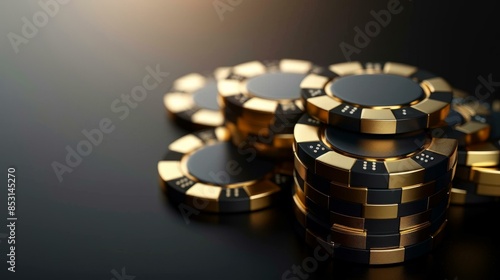 Casino poker chips on black reflective surface with atmospheric lighting, symbolizing luxury, gambling, and high stakes