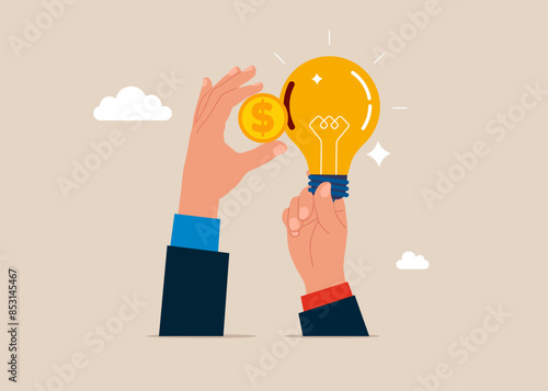 Saving bank. Money coin put in light bulb. Idea Idea to make money, profit from creativity. Modern vector illustration in flat style. 