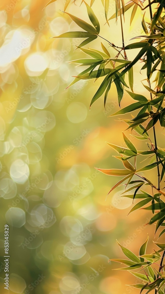 Bamboo leaves with soft golden bokeh background for nature-themed designs and summer aesthetics. Bamboo leaves with soft golden bokeh background for nature-themed designs and summer aesthetics.