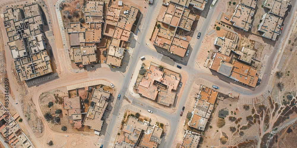 Fototapeta premium aerial view of a social housing complex in a semi desert context with streets and cars