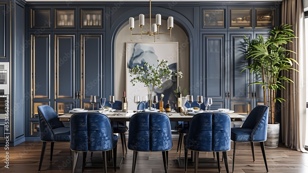 Elegant dining room with blue chairs and sophisticated decor, perfect ...