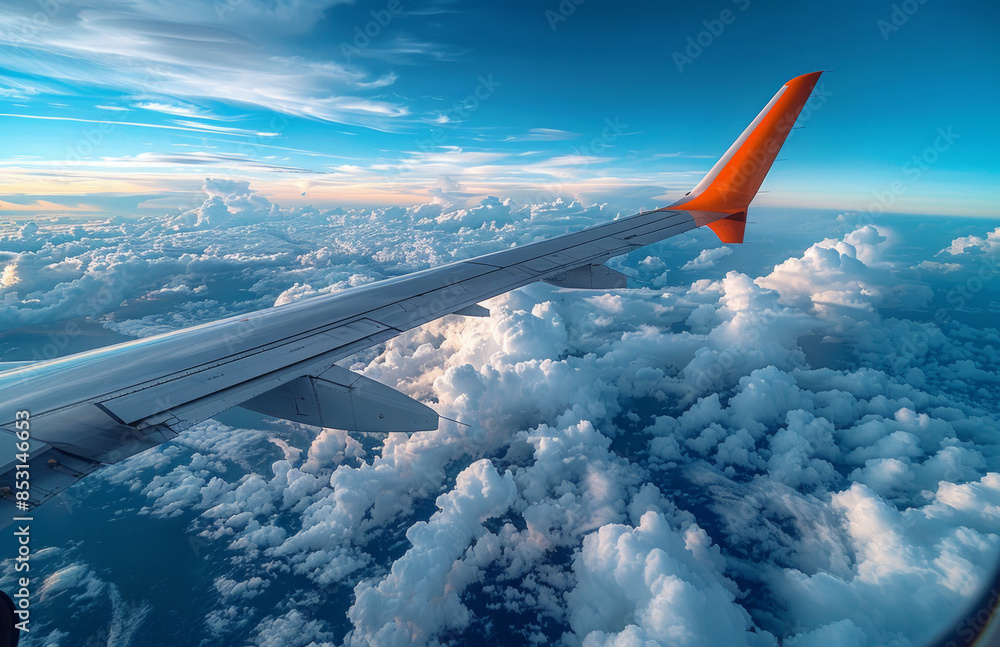 Obraz premium A plane is flying through the sky with clouds below. The sky is blue and clear, and the plane is the only object visible in the image