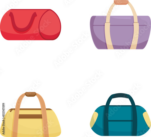 Collection of four stylized duffle bags in various colors, ideal for travelrelated designs
