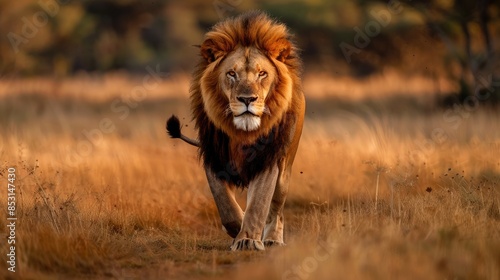 Impressive lion strutting with a magnificent mane