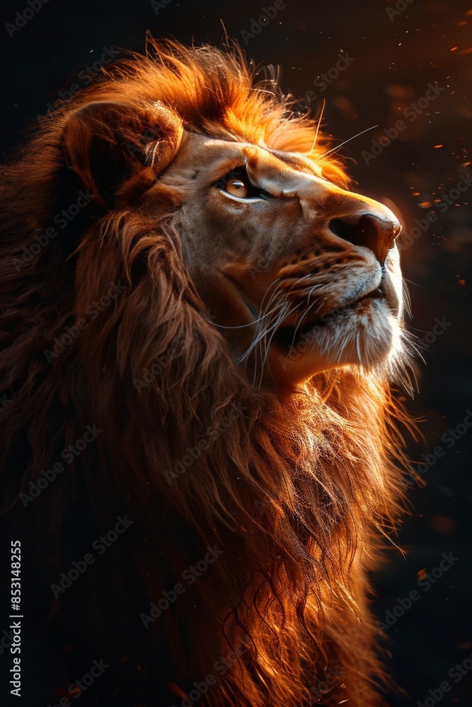 Fototapeta premium A majestic lion with a full mane looks intently into the distance, bathed in warm golden light. Symbol of strength, courage, and royalty.