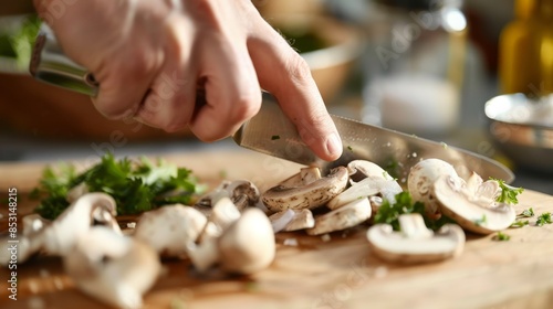 Fresh mushrooms from the kit being sliced on a cutting board, detailed and appetizing