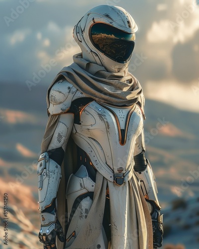 A futuristic astronaut in high-tech armor stands in a barren, rocky landscape under a cloudy sky, evoking themes of exploration and science fiction. photo