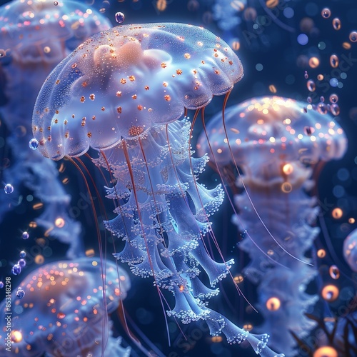 Beautiful close-up of glowing jellyfish with bioluminescence in underwater ocean, showcasing their delicate and transparent bodies. photo