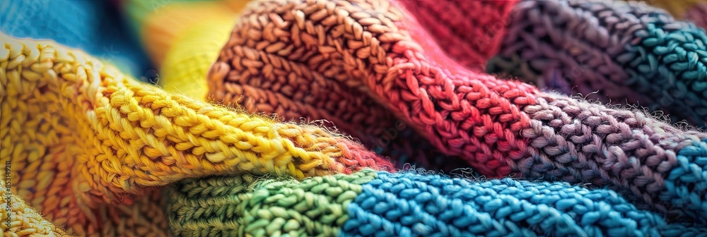 Details of an homemade knit sweater with colorful rainbow colors 