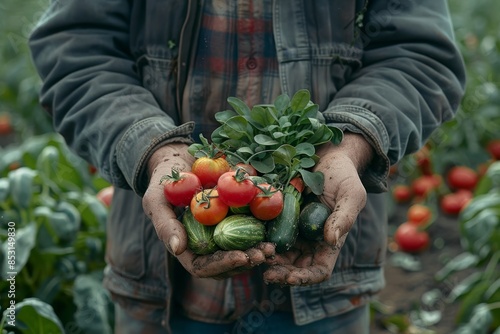 Self sustainable farmer gathering freshly harvested organic vegetables in agricultural field photo