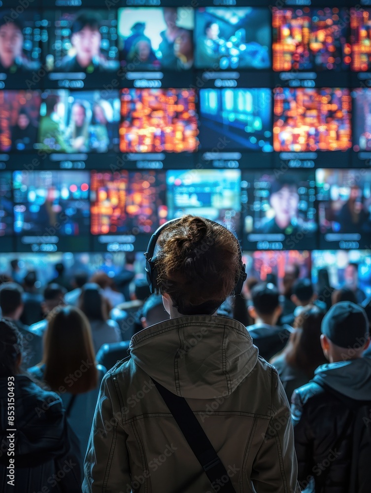 Young Woman Watching Screens in a Crowd. Young Woman Watching Screens in a Crowd.