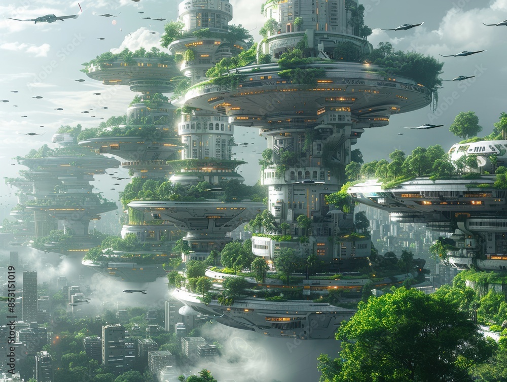 Futuristic City with Floating Buildings and Green Spaces. Stock ...