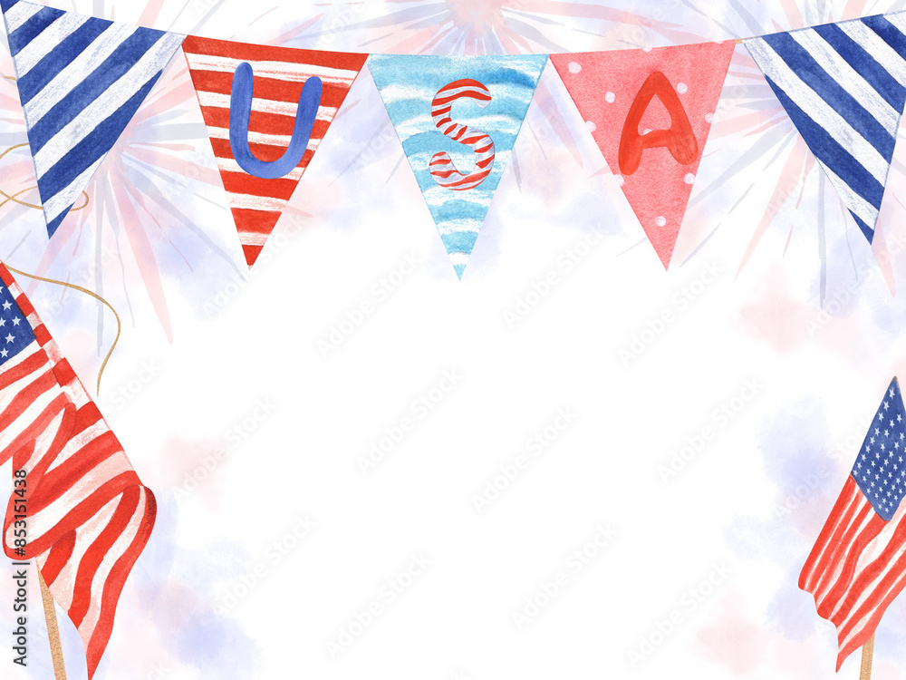 Colored banner and USA flags on National holidays. Independence Day, Memorial Day. Title USA. Patriotism and pride. Watercolor illustration. Horizontal frame with empty space. For celebrating card Colored banner and USA flags on National holidays. Independence Day, Memorial Day. Title USA. Patriotism and pride. Watercolor illustration. Horizontal frame with empty space. For celebrating card