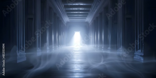 Dark haunted mansion with ghostly apparitions and malevolent spirits haunting its corridors. Concept Spooky Mansion, Ghostly Apparitions, Malevolent Spirits, Haunted Corridors photo