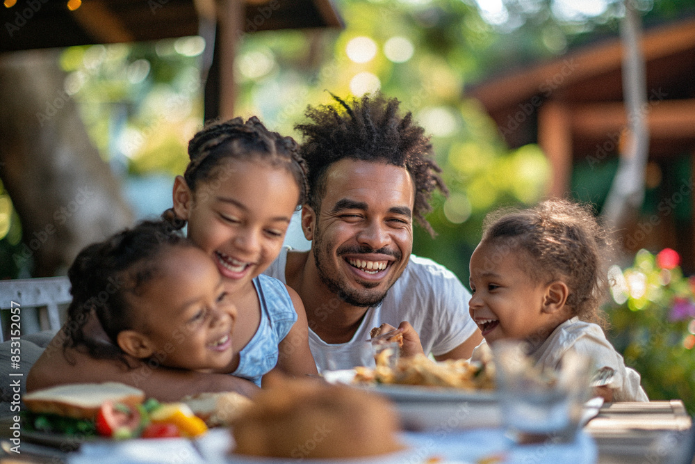 A diverse young family enjoying a summer day being outside together eating lunch in their beautiful backyard laughing with each other. Themes of unity, happiness and family A diverse young family enjoying a summer day being outside together eating lunch in their beautiful backyard laughing with each other. Themes of unity, happiness and family