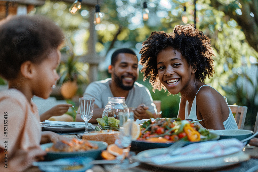 A diverse young family enjoying a summer day being outside together eating lunch in their beautiful backyard laughing with each other. Themes of unity, happiness and family A diverse young family enjoying a summer day being outside together eating lunch in their beautiful backyard laughing with each other. Themes of unity, happiness and family