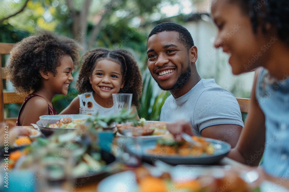 A diverse young family enjoying a summer day being outside together eating lunch in their beautiful backyard laughing with each other. Themes of unity, happiness and family A diverse young family enjoying a summer day being outside together eating lunch in their beautiful backyard laughing with each other. Themes of unity, happiness and family