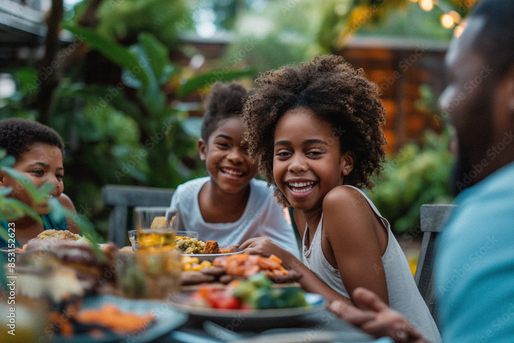 A diverse young family enjoying a summer day being outside together eating lunch in their beautiful backyard laughing with each other. Themes of unity, happiness and family A diverse young family enjoying a summer day being outside together eating lunch in their beautiful backyard laughing with each other. Themes of unity, happiness and family