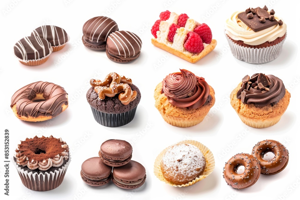 Assorted bakery sweets with chocolate cake, cupcakes, red velvet cake, apple pie, macarons, and more Assorted bakery sweets with chocolate cake, cupcakes, red velvet cake, apple pie, macarons, and more
