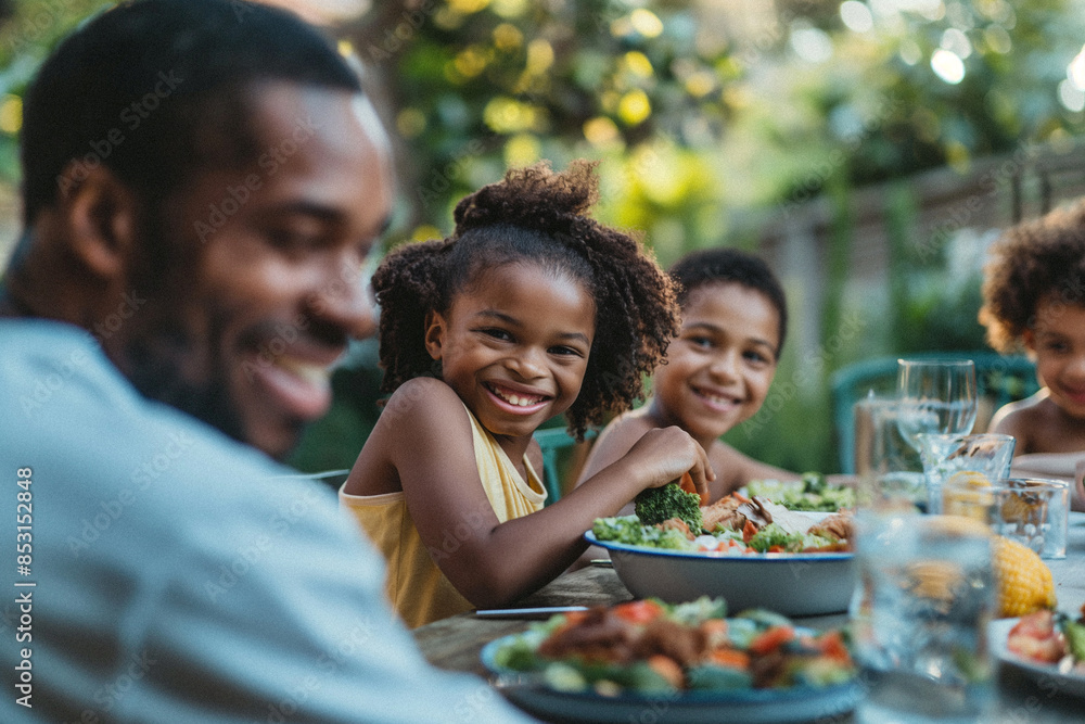 A diverse young family enjoying a summer day being outside together eating lunch in their beautiful backyard laughing with each other. Themes of unity, happiness and family A diverse young family enjoying a summer day being outside together eating lunch in their beautiful backyard laughing with each other. Themes of unity, happiness and family