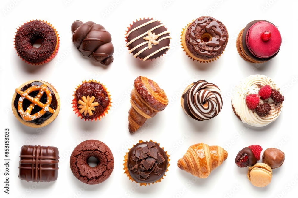 Assorted bakery sweets cakes, cupcakes, macarons, donuts, pastries, muffins, cookies Assorted bakery sweets cakes, cupcakes, macarons, donuts, pastries, muffins, cookies