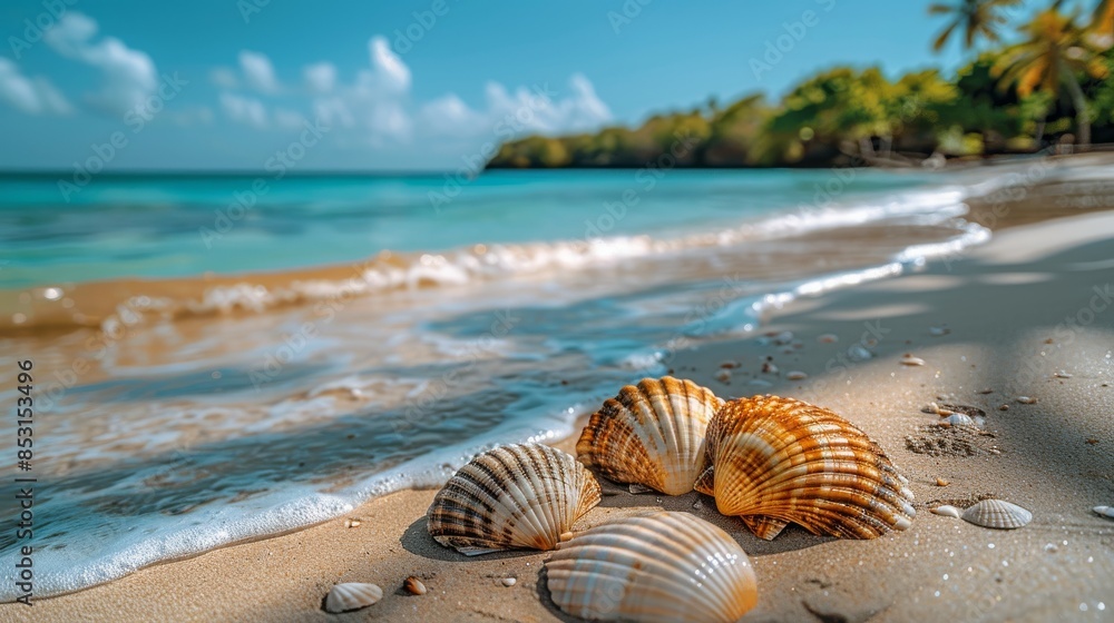 Three Seashells on Sandy Beach Three Seashells on Sandy Beach