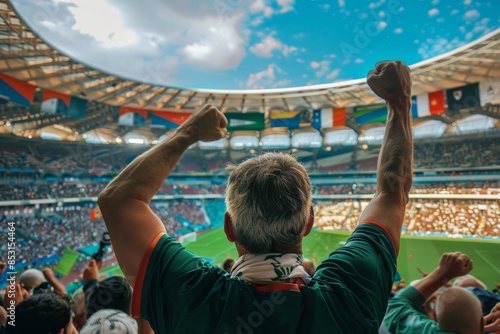 Fans Fist Pump During a Soccer Game at a Stadium Under Cloudy Skies