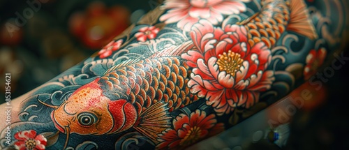 A closeup of a detailed sleeve tattoo on an arm, showcasing the elaborate and artistic design