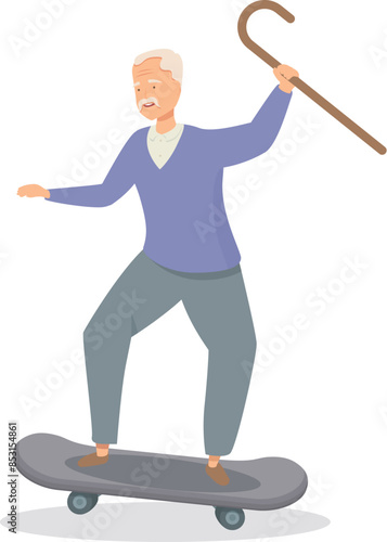 Elderly man is balancing on a skateboard while holding his walking stick in the air