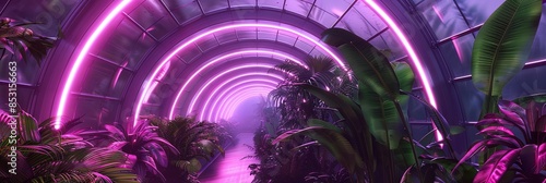 the inside of a big hyper-modern design greenhouse with in front a green plant and beautiful Led lights