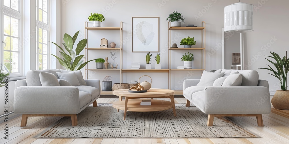 Bright and Airy Scandinavian-Style Living Room with White Furniture, Wallpaper: Minimalist Scandinavian Living Room with Natural Light and Cozy Décor Bright and Airy Scandinavian-Style Living Room with White Furniture, Wallpaper: Minimalist Scandinavian Living Room with Natural Light and Cozy Décor