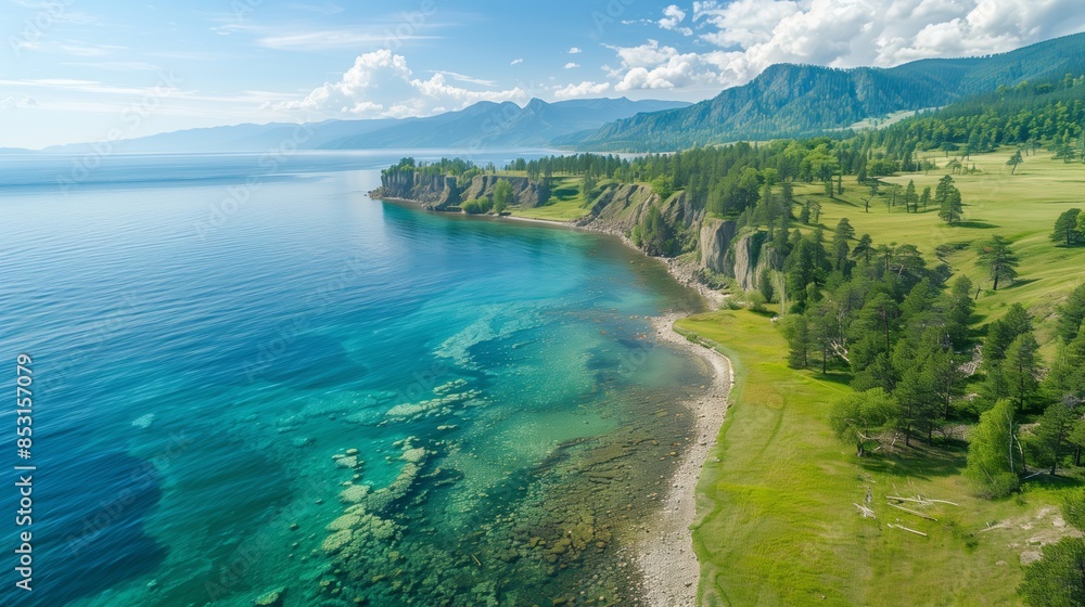 Wide View of Lake Baikal in Summer Surrounded by Greenery and Mountains, Wallpaper: Scenic Landscape of Lake Baikal with Clear Blue Water and Verdant Shores Wide View of Lake Baikal in Summer Surrounded by Greenery and Mountains, Wallpaper: Scenic Landscape of Lake Baikal with Clear Blue Water and Verdant Shores