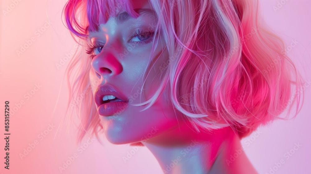 Blonde Model with Pastel Pink and Purple Bob Hair in a Soft Light Setting, Wallpaper: Stylish Portrait of a Model with Pastel Pink and Purple Hair and Smooth Lighting Blonde Model with Pastel Pink and Purple Bob Hair in a Soft Light Setting, Wallpaper: Stylish Portrait of a Model with Pastel Pink and Purple Hair and Smooth Lighting