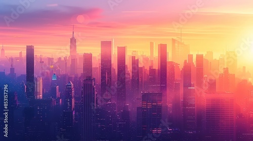 Vibrant Sunset Over a Modern City Skyline with Skyscrapers © siti