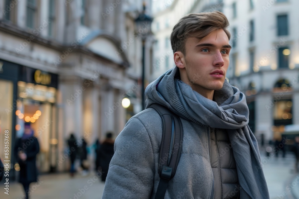 Fototapeta premium A young man in a gray jacket and scarf walks down a London street, surrounded by bustling city life.