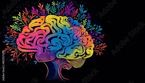 Vivid Mind: Illustrating ADHD in a Colorful Brain on a Black Background with Copyspace