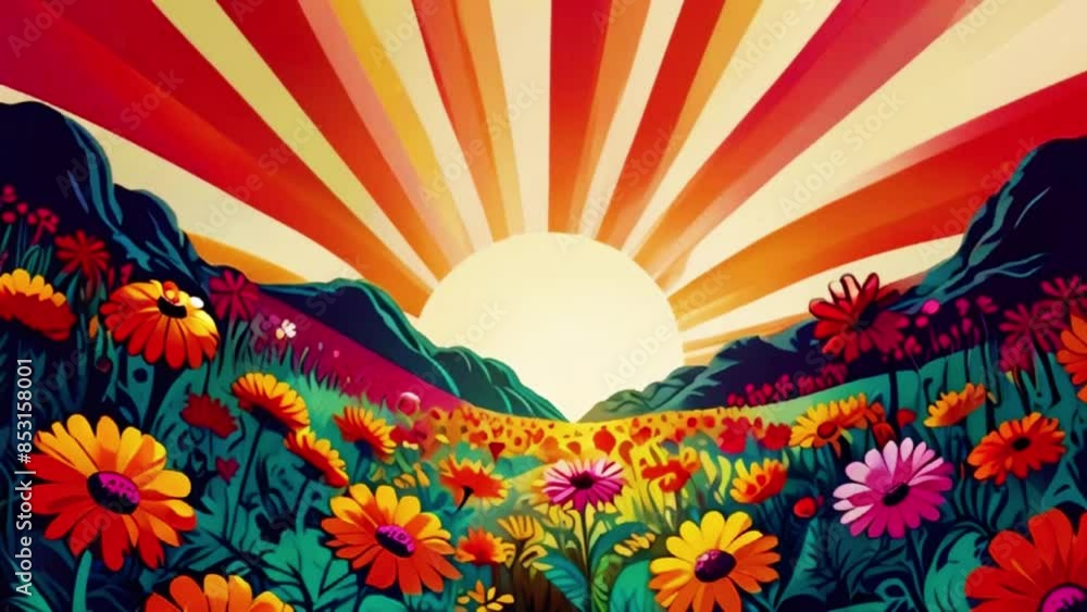 A pop art retro flowers and sunburst animated illustration in the style of vintage 1960s or 1970s psychedelic artwork. The view slowly zooms in across the bed of flowers towards the wavy sun rays.