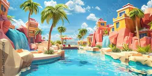 tropical vacation resort in bright modern animated cartoon style photo